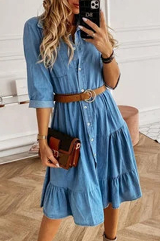 Vestidos con cuello vuelto y falda de volantes con hebilla sólida de moda y cinturón