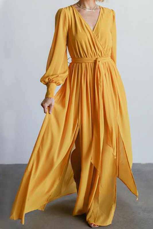 Vestidos Elegantes Lisos con Abertura y Cinturón con Cuello en V (5 colores)