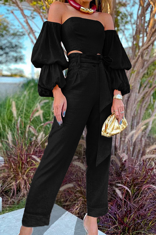 Elegante Conjunto de Dos Piezas Liso sin Tirantes y Manga Larga con Cinturón