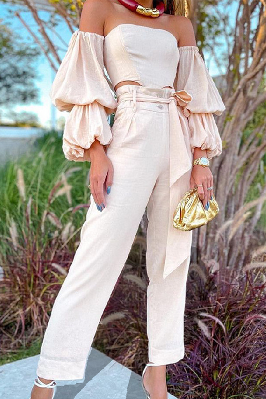 Elegante Conjunto de Dos Piezas Liso sin Tirantes y Manga Larga con Cinturón