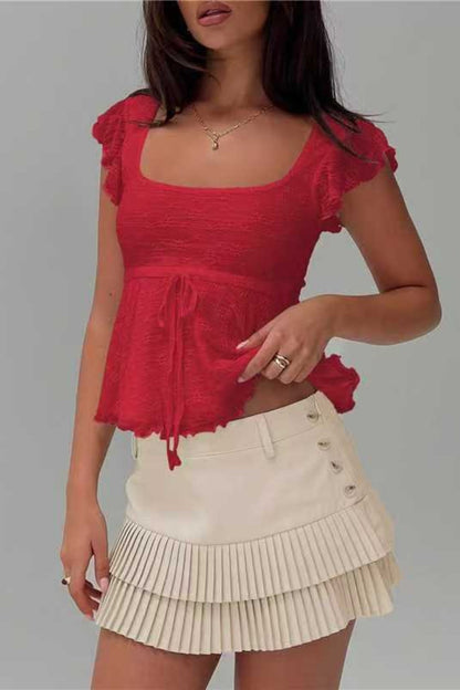 Ruched Ruffle Trim Bodycon Short Sleeve Tee