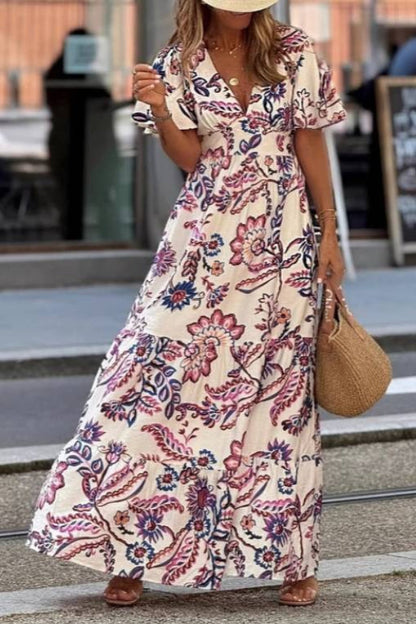 Pink and Purple Floral Print V-Neck Puff Sleeve Waist-Defining A-Line Cotton Linen Maxi Dress
