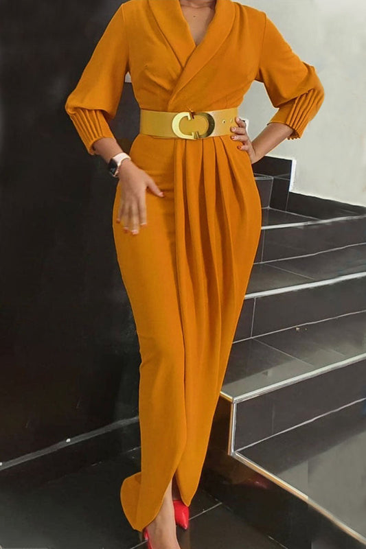 Vestidos de Talla Grande Elegantes de Manga Larga con Cuello en V, Dobladillo Sólido con Cinturón y Retazos (4 Colores)