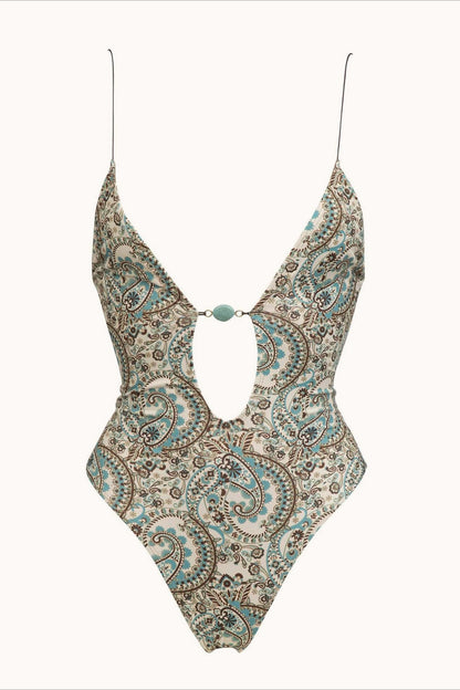 Deep V Printed Tie Backless One Piece Swimwear