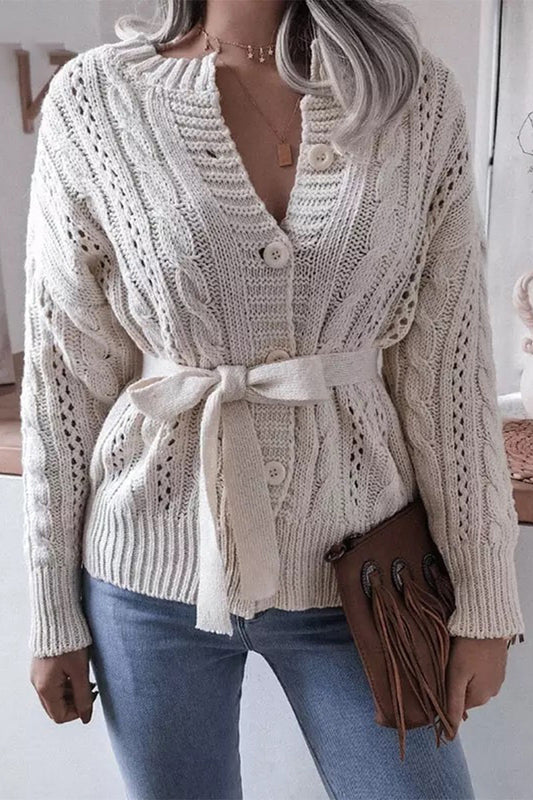 Tops con cuello tipo cárdigan, hebilla calada sólida e informal con cinturón