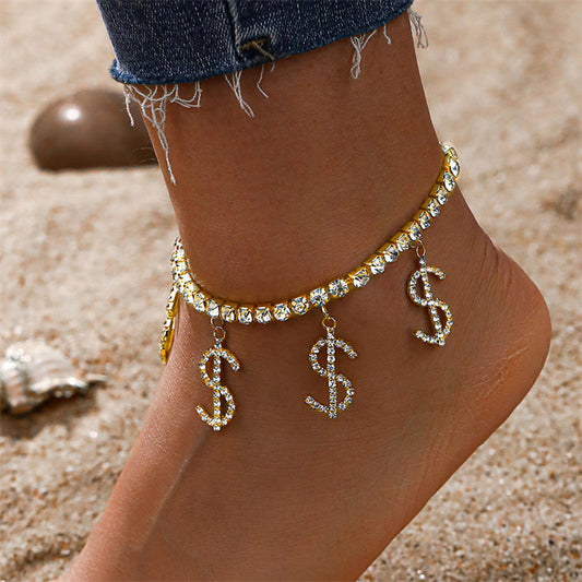Tobillera de diamantes de imitación con retales de letras de simplicidad casual diaria