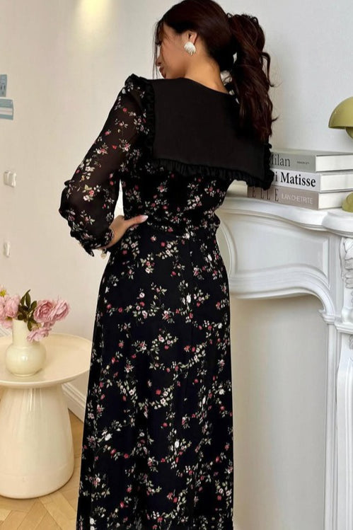 Ruffle Collar Long Sleeve Floral Dress