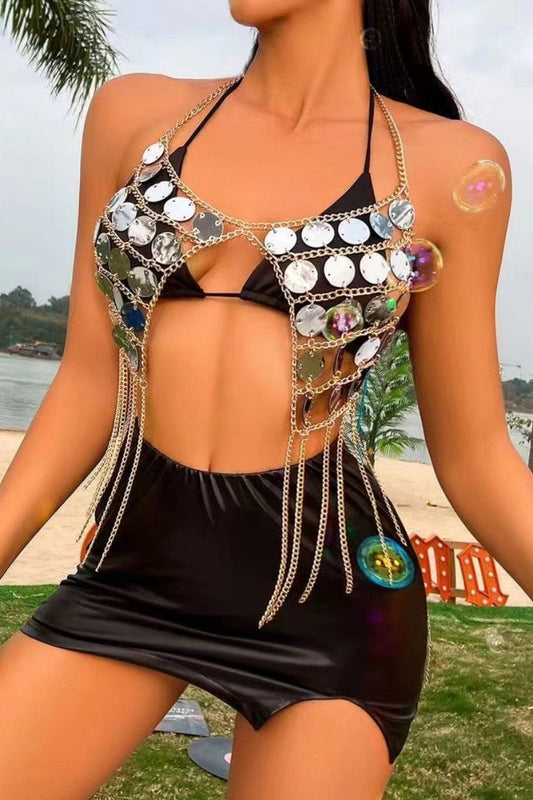 Sexy Patchwork Borla Ahuecada Cadenas Accesorios sin Espalda