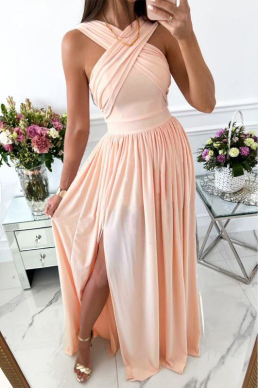 Vestidos elegantes y dulces con abertura sin espalda y cuello tipo bufanda en línea A