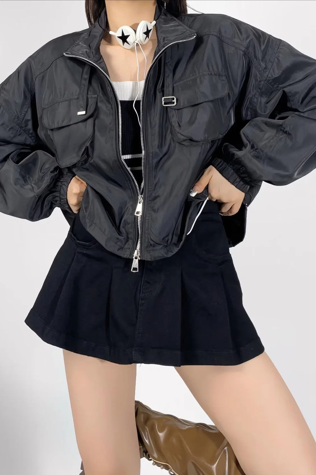 Cropped Cargo High Neck Coat