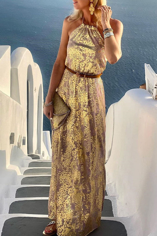 Vestidos elegantes sin espalda sin cinturón con cuello halter y corte A para vacaciones