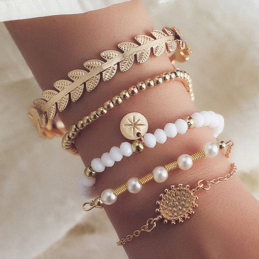 Juego de Cinco Pulseras de Perlas Sólidas Vintage Diarias