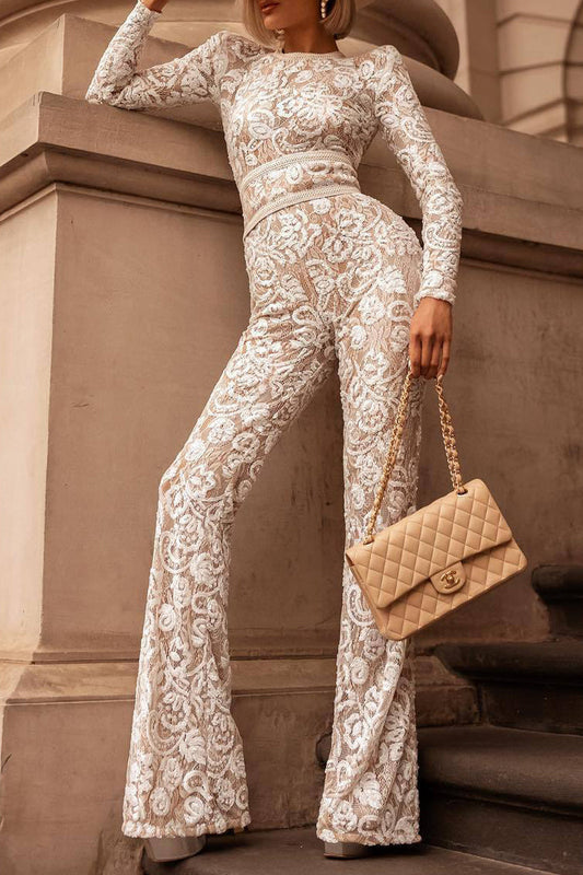 Monos Elegantes Sólidos de Encaje con Cinturón y Cuello Redondo para Celebridades