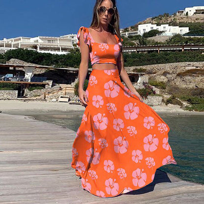 Summer Women Clothing Bohemian Sexy Print Sleeveless Dress Two Piece Set
