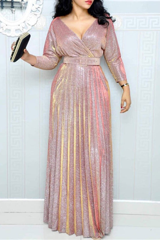 Vestidos con cuello en V línea A, elegantes, con lentejuelas bronceadoras y cinturón