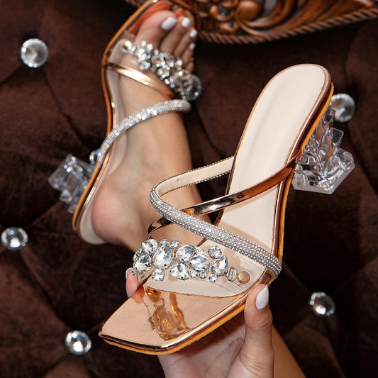 Zapatos de cuña cuadrados informales con retales de diamantes de imitación para exterior (altura del tacón 8 cm)
