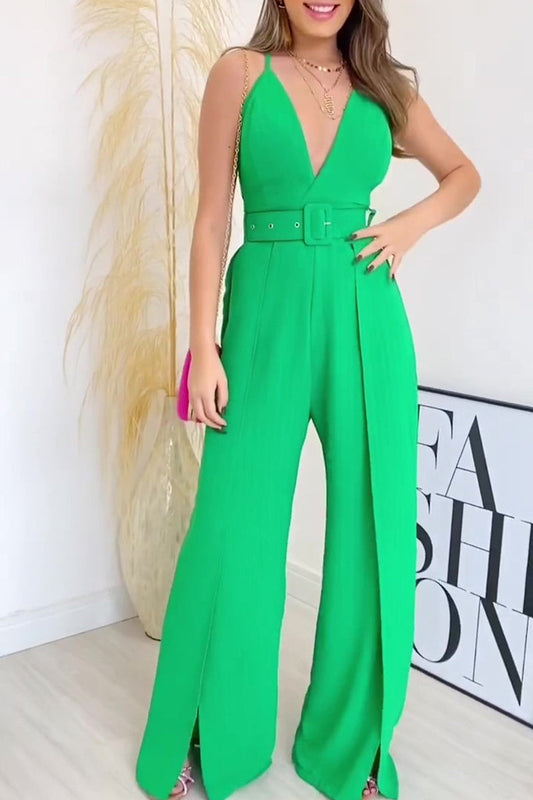 Monos elegantes sólidos con cinturón y cuello de pico para celebridades (4 colores)
