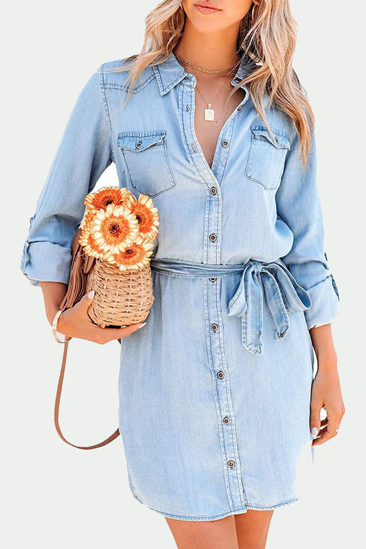 Vestidos vaqueros sueltos de manga larga con cuello vuelto y botones, elegantes de color liso