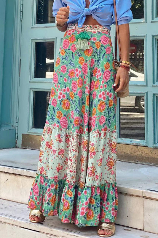 Pantalones acampanados de cintura alta con estampado floral informal de retazos para vacaciones
