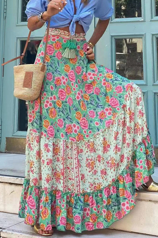 Pantalones acampanados de cintura alta con estampado floral informal de retazos para vacaciones