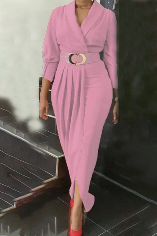 Vestidos de Talla Grande Elegantes de Manga Larga con Cuello en V, Dobladillo Sólido con Cinturón y Retazos (4 Colores)