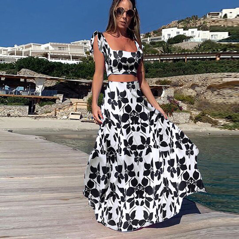 Summer Women Clothing Bohemian Sexy Print Sleeveless Dress Two Piece Set