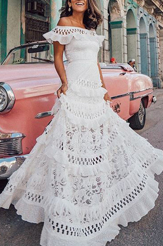 Vestidos de línea A sin cinturón, elegantes, sólidos, de encaje calado, con hombros descubiertos para celebridades