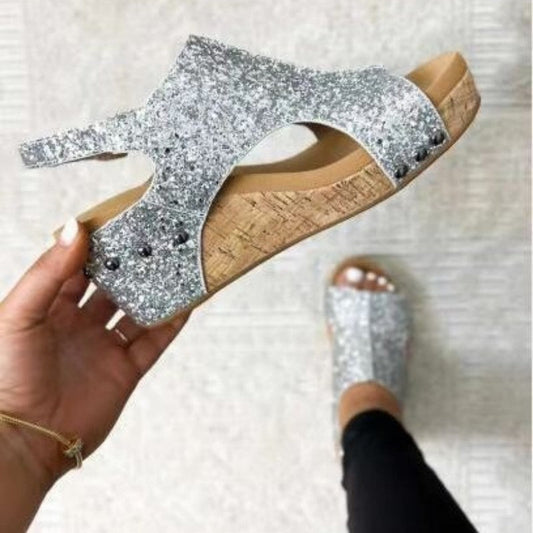 Zapatos casuales de cuña con retazos de lentejuelas calados con boca de pez