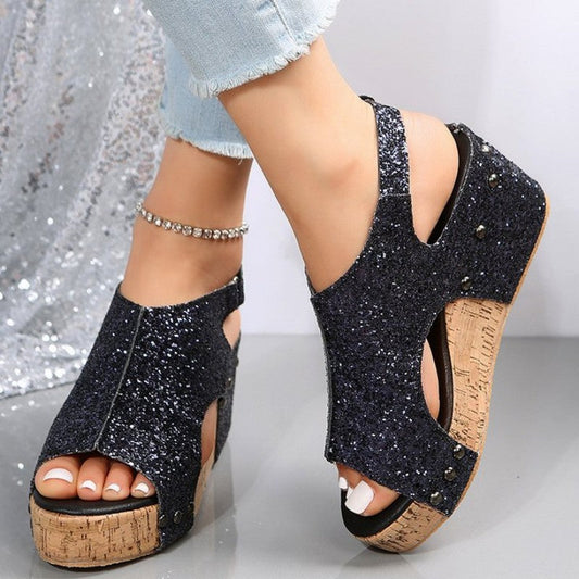 Zapatos casuales de cuña con retazos de lentejuelas calados con boca de pez