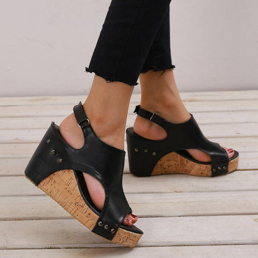 Zapatos con cuña boca de pez patchwork de simplicidad casual