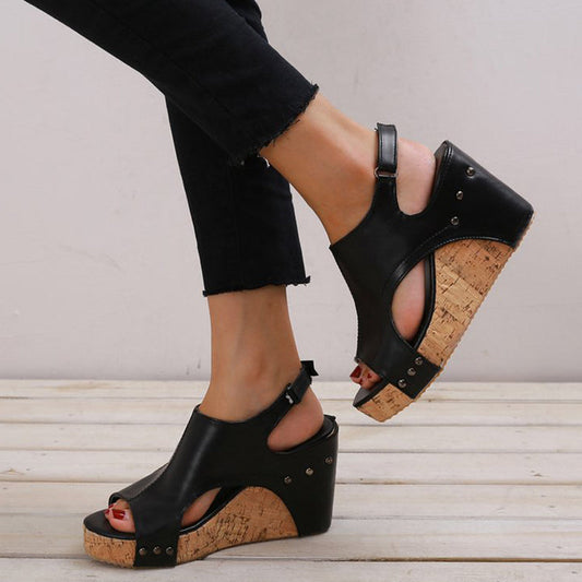 Zapatos con cuña boca de pez patchwork de simplicidad casual