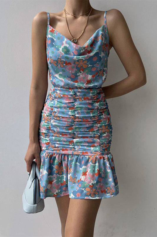 Vestido Tirantes Cuello Foulard Con Flecos Floral Dulce Elegante