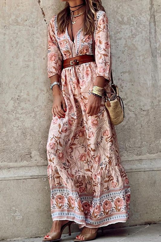 Vestidos Línea A Escote V Florales Bohemio Con Cinturón