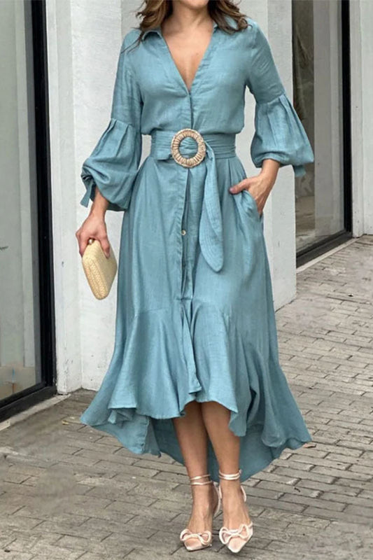 Vestidos con cuello en V en línea A, lisos y con cinturón