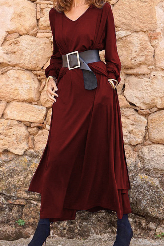 Conjunto de dos piezas informal liso con cinturón, cuello en V y manga larga (3 colores)