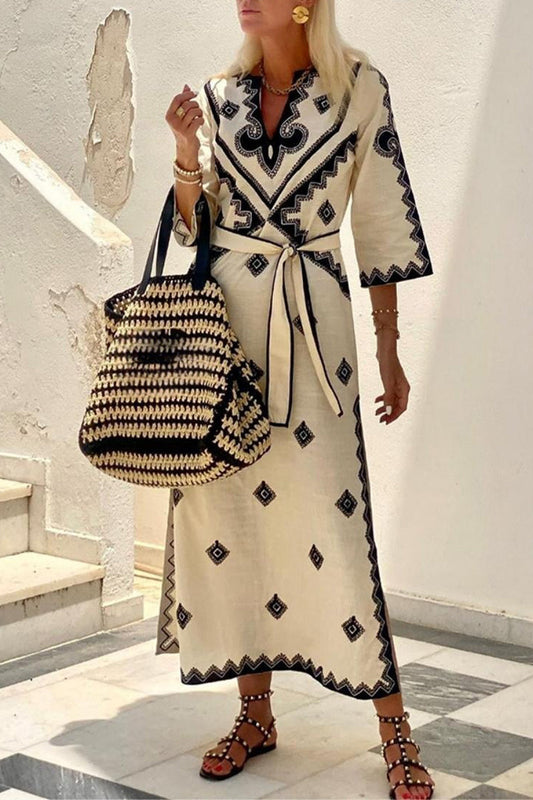 Vestidos Línea A con Estampado Geométrico Bohemio Elegante y Cinturón Cuello V (4 Colores)