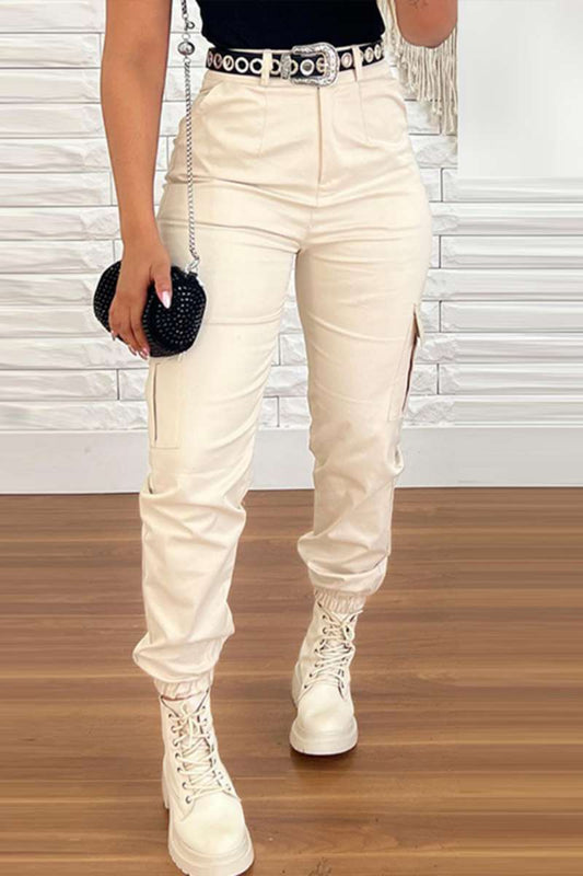 Pantalones informales de color liso con retazos, de cintura alta, convencionales (sin cinturón)