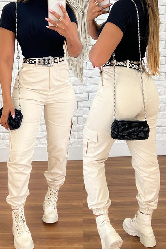 Pantalones informales de color liso con retazos, de cintura alta, convencionales (sin cinturón)