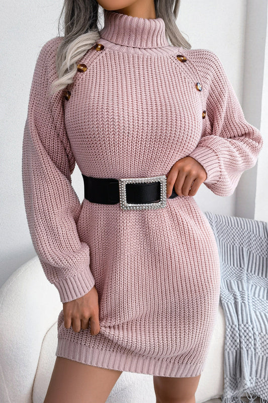 Vestidos de cuello alto con falda lápiz y botones sólidos estilo urbano (sin cinturón, 3 colores)