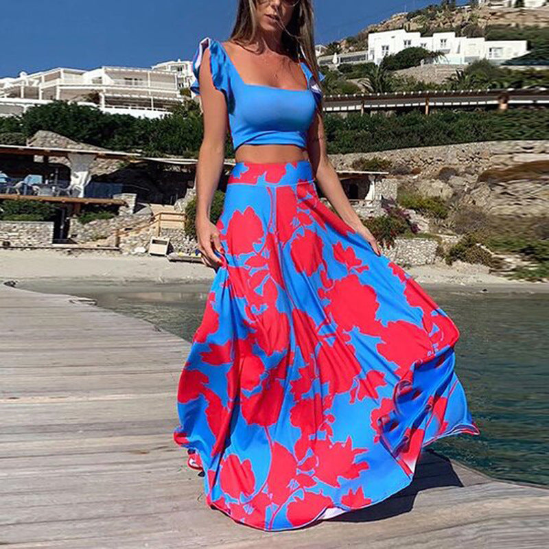 Summer Women Clothing Bohemian Sexy Print Sleeveless Dress Two Piece Set