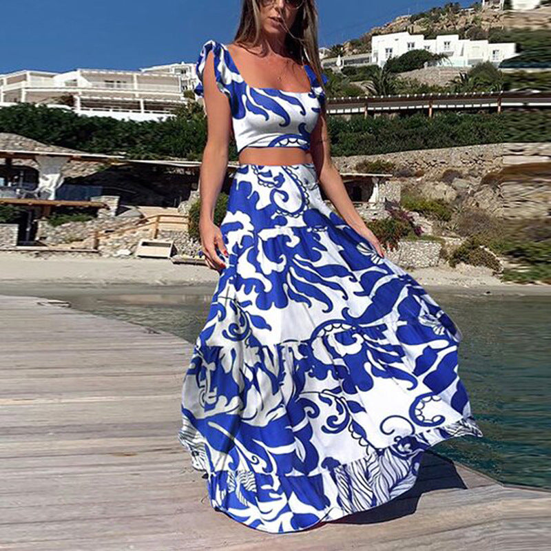 Summer Women Clothing Bohemian Sexy Print Sleeveless Dress Two Piece Set