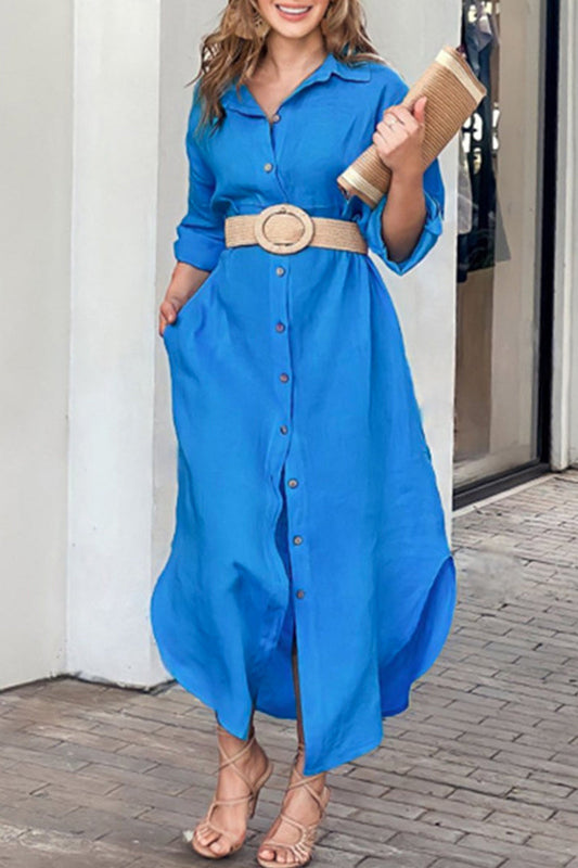 Vestido camisero casual de color liso con hebilla, sin cinturón y cuello vuelto (sin cinturón)