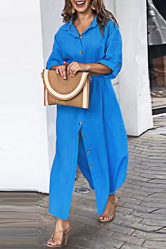 Vestido camisero casual de color liso con hebilla, sin cinturón y cuello vuelto (sin cinturón)