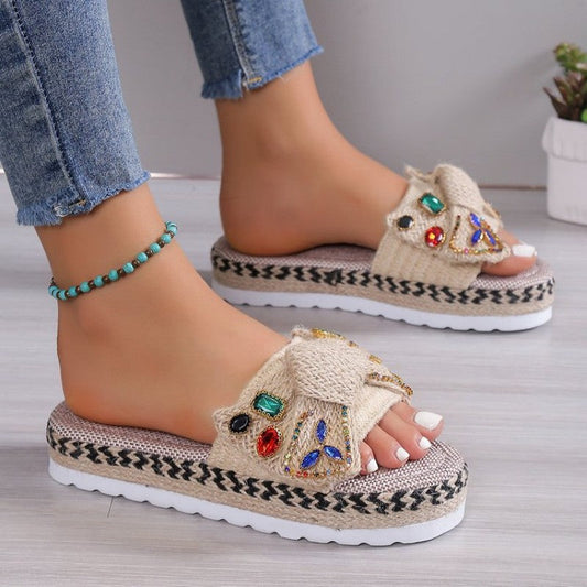 Zapatos cómodos redondos de patchwork casual con diamantes de imitación