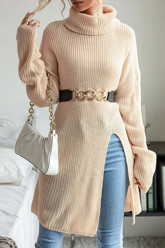Tops de cuello alto con aberturas lisos de estilo informal y sencillo (sin cinturón)