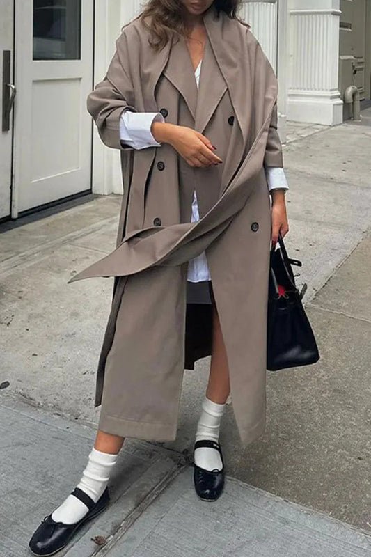 Abrigo con cuello bufanda, bolsillos y hebilla, elegante, estilo británico