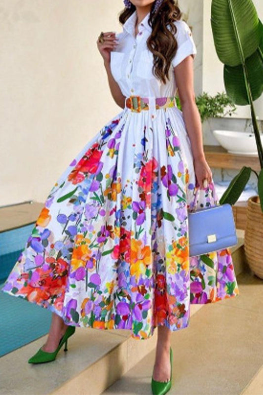 Vestido estampado floral elegante de cuello vuelto con cinturón y manga corta para celebridades