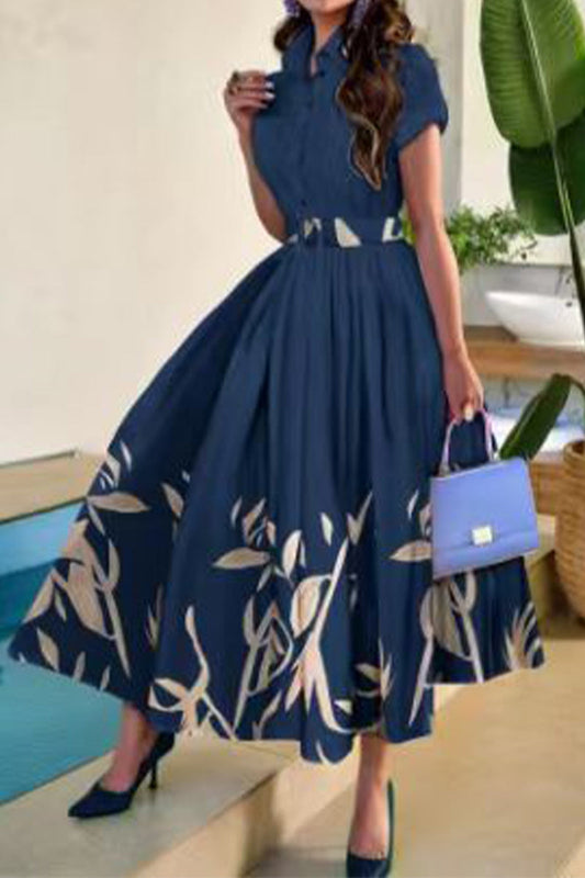Vestido estampado floral elegante de cuello vuelto con cinturón y manga corta para celebridades