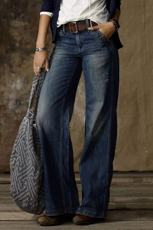 Vaqueros Casual Vintage Sólidos Desgastados de Talle Alto y Holgados (Sin Cinturón) (3 Colores)