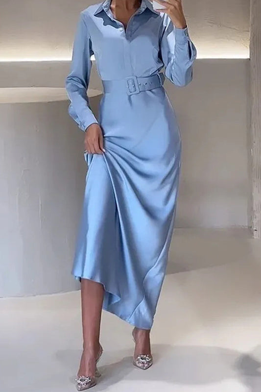 Elegante Vestido Camisero Sólido con Cinturón y Cuello Vuelto
